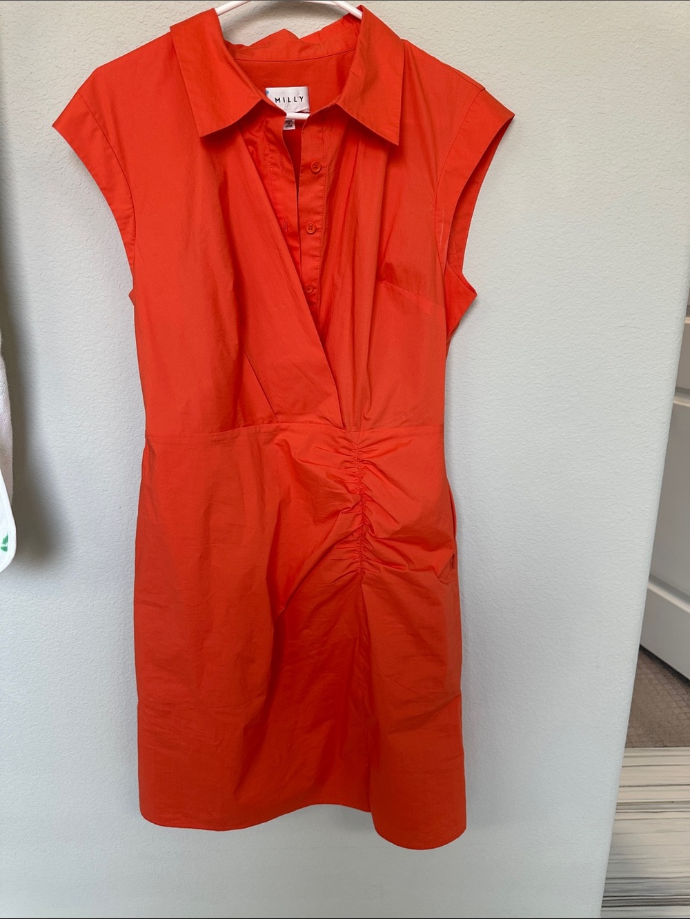 Milly Coral-Red Ruched Shirt Dress